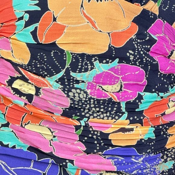 Rixo Black Silk Golden Floral Ruched Mini Dress | Size 6 - Picture 11 of 12